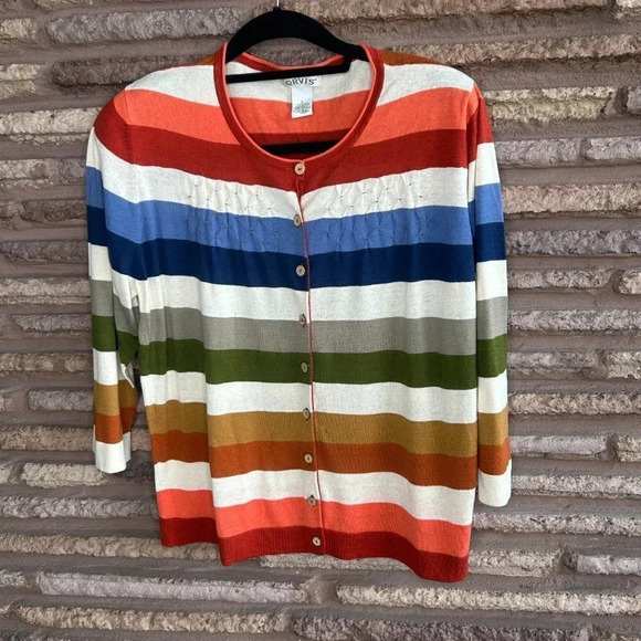 Orvis Colorful Striped Silk Cotton Cardigan Sweater Size Large - Picture 1 of 5
